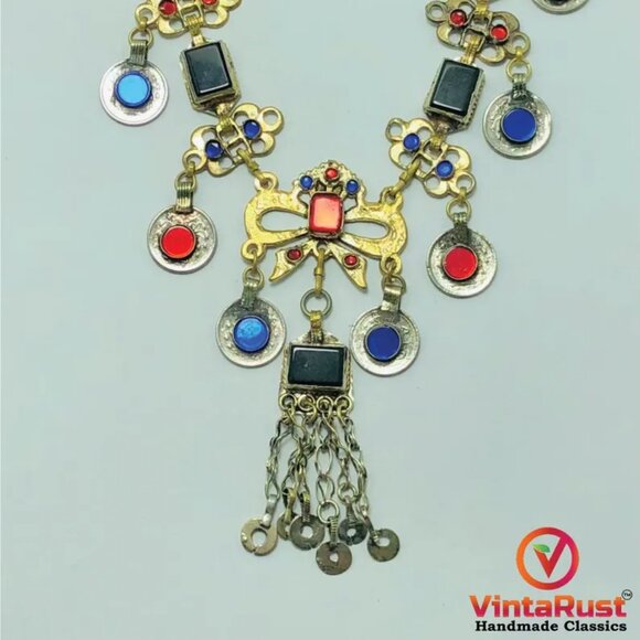 Tribal Necklace with Colorful Stones, Gypsy Belly Dance Necklace, Afghan Kuchi - Picture 4 of 9
